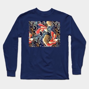 FLYING CRANES ,FLOWERS, SEA WAVES RED NAVY BLUE FLORAL Long Sleeve T-Shirt